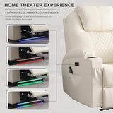 Power Recliner Chair with Heat and Massage, PU Leather Home Theater Seating with LED Lights/Cup Holders/Side Pocket/USB Port, Reclining Sofa Chair for Living Room (3, Beige)