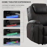 Power Recliner Chair with Heat and Massage, PU Leather Home Theater Seating with LED Lights/Cup Holders/Side Pocket/USB Port, Reclining Sofa Chair for Living Room(3, Brown)