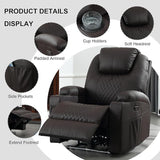 Power Recliner Chair with Heat and Massage, PU Leather Home Theater Seating with LED Lights/Cup Holders/Side Pocket/USB Port, Reclining Sofa Chair for Living Room(2, Brown)