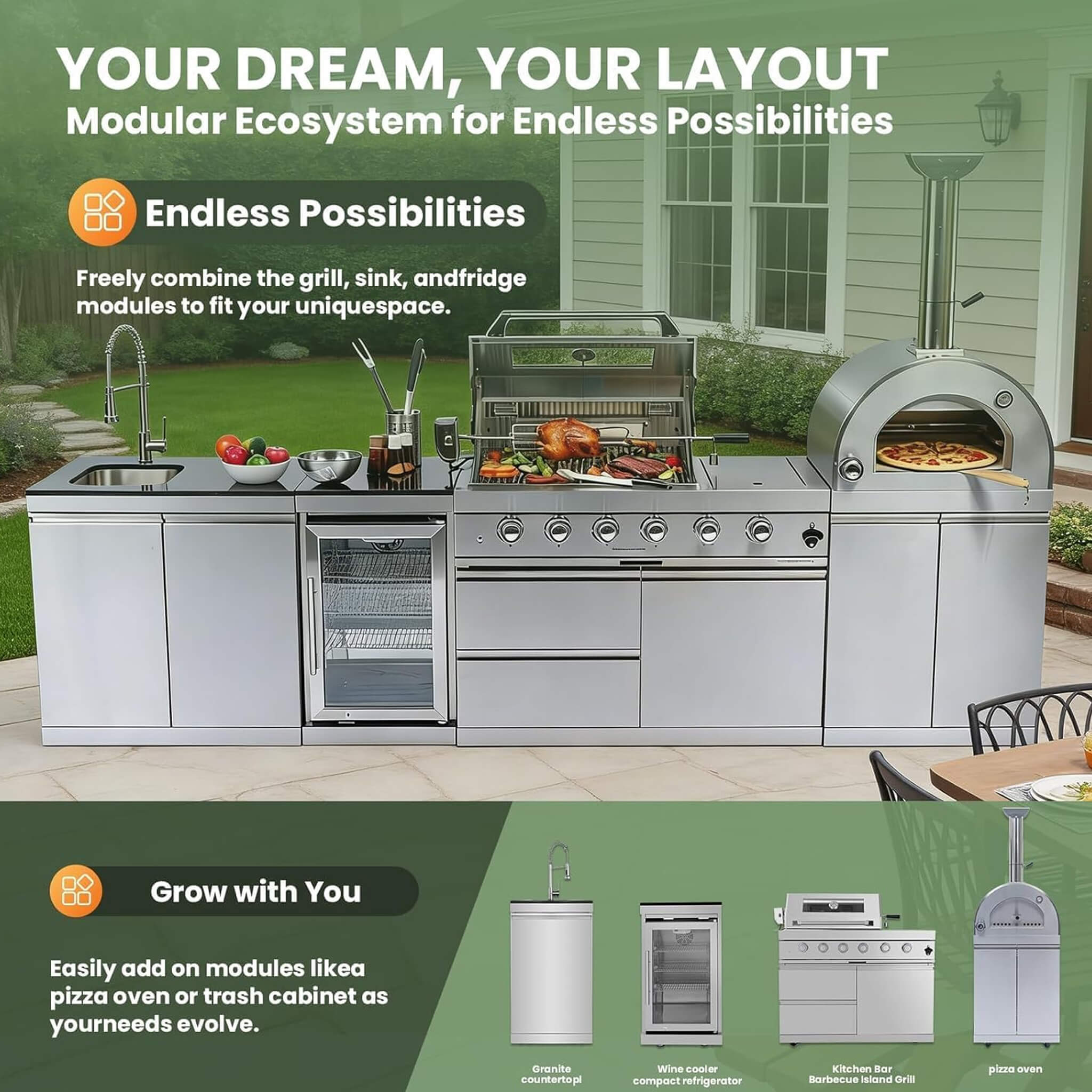 Blazon 125-Inch 4-Burner 108K BTU Outdoor Kitchen Island With Pizza Oven, Rotisserie & Refrigerator (SAK55768)