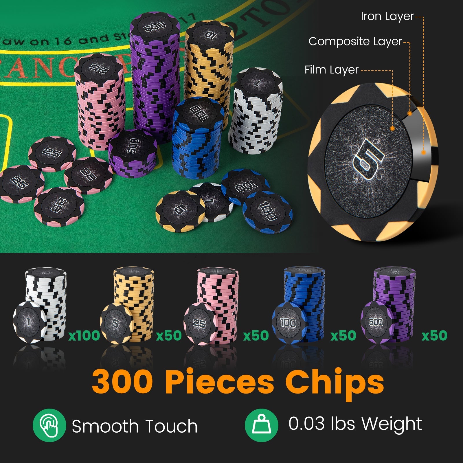 14 Gram Poker Chips 300 Pieces Casino Poker Chip Set-Black