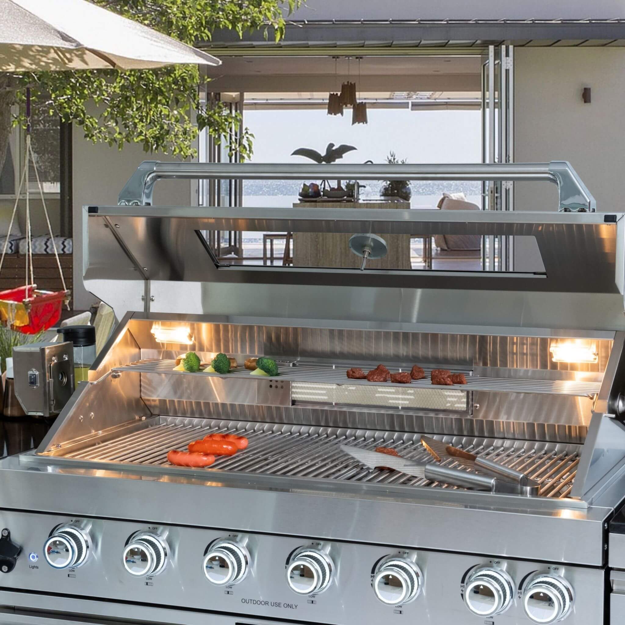 Verona 44-Inch 6-Burner 85K BTU Stainless Steel Outdoor BBQ Kitchen Grill Island With Wine Cooler, Rotisserie Kit, And Storage Cabinets (SAK97105)