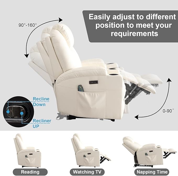 Power Recliner Chair with Heat and Massage, PU Leather Home Theater Seating with LED Lights/Cup Holders/Side Pocket/USB Port, Reclining Sofa Chair for Living Room (3, Beige)