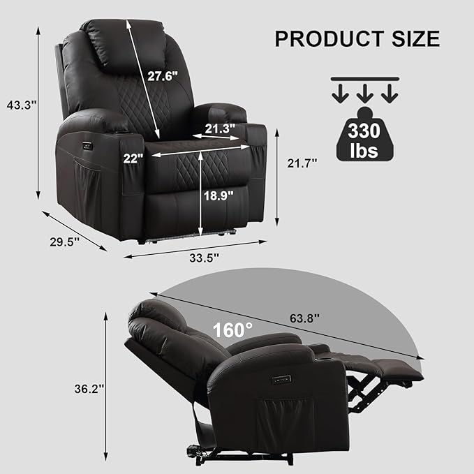 Power Recliner Chair with Heat and Massage, PU Leather Home Theater Seating with LED Lights/Cup Holders/Side Pocket/USB Port, Reclining Sofa Chair for Living Room(3, Brown)