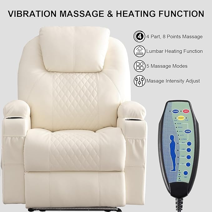 Power Recliner Chair with Heat and Massage, PU Leather Home Theater Seating with LED Lights/Cup Holders/Side Pocket/USB Port, Reclining Sofa Chair for Living Room (3, Beige)
