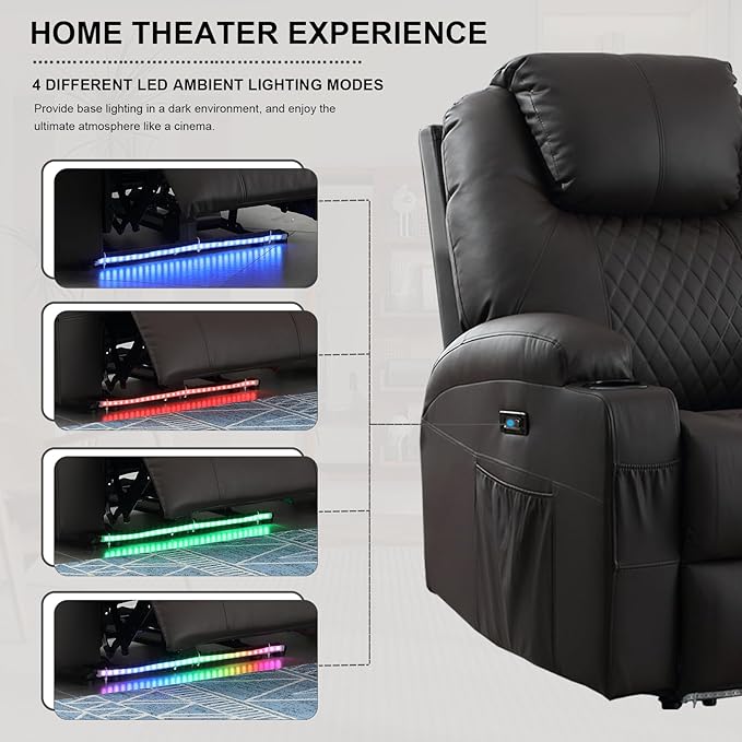 Power Recliner Chair with Heat and Massage, PU Leather Home Theater Seating with LED Lights/Cup Holders/Side Pocket/USB Port, Reclining Sofa Chair for Living Room(2, Brown)