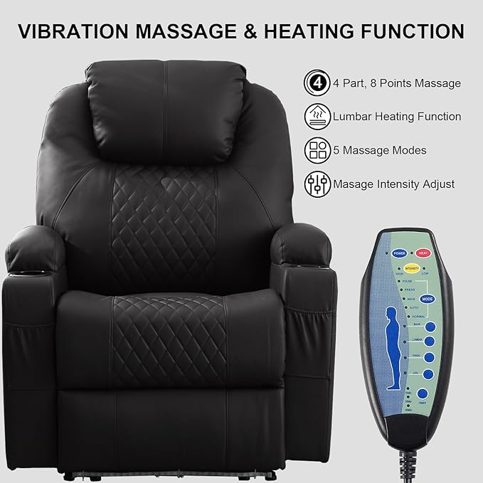 Power Recliner Chair with Heat and Massage, PU Leather Home Theater Seating with LED Lights/Cup Holders/Side Pocket/USB Port, Reclining Sofa Chair for Living Room (3, Black)