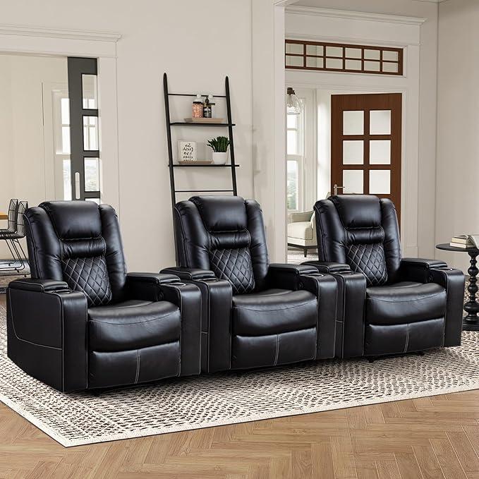 CANMOV Electric Power Recliner Chair Set of 3, Breathable Leather Home Theater Seating with Hidden Arm Storage, Power Recliner Chair with USB Ports and Cup Holders for Living Room,Black