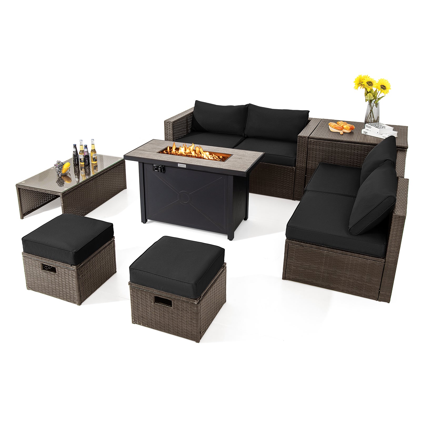 9 Pieces Outdoor Patio Furniture Set with 42 Inch Propane Fire Pit Table