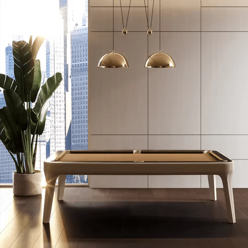IN STOCK The Morris Modern Slate Leather Pool Table By White Billiards - Oatmeal Leather - Makassar Wood Rails