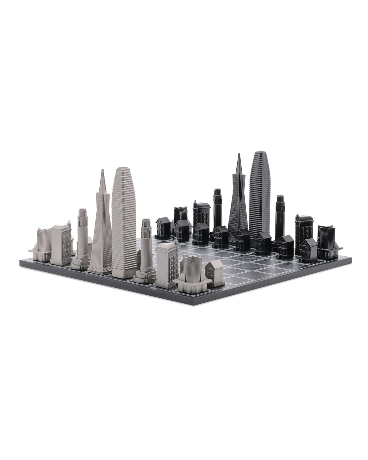 Chess Set Stainless Steel SAN FRANCISCO with Wood Map Board