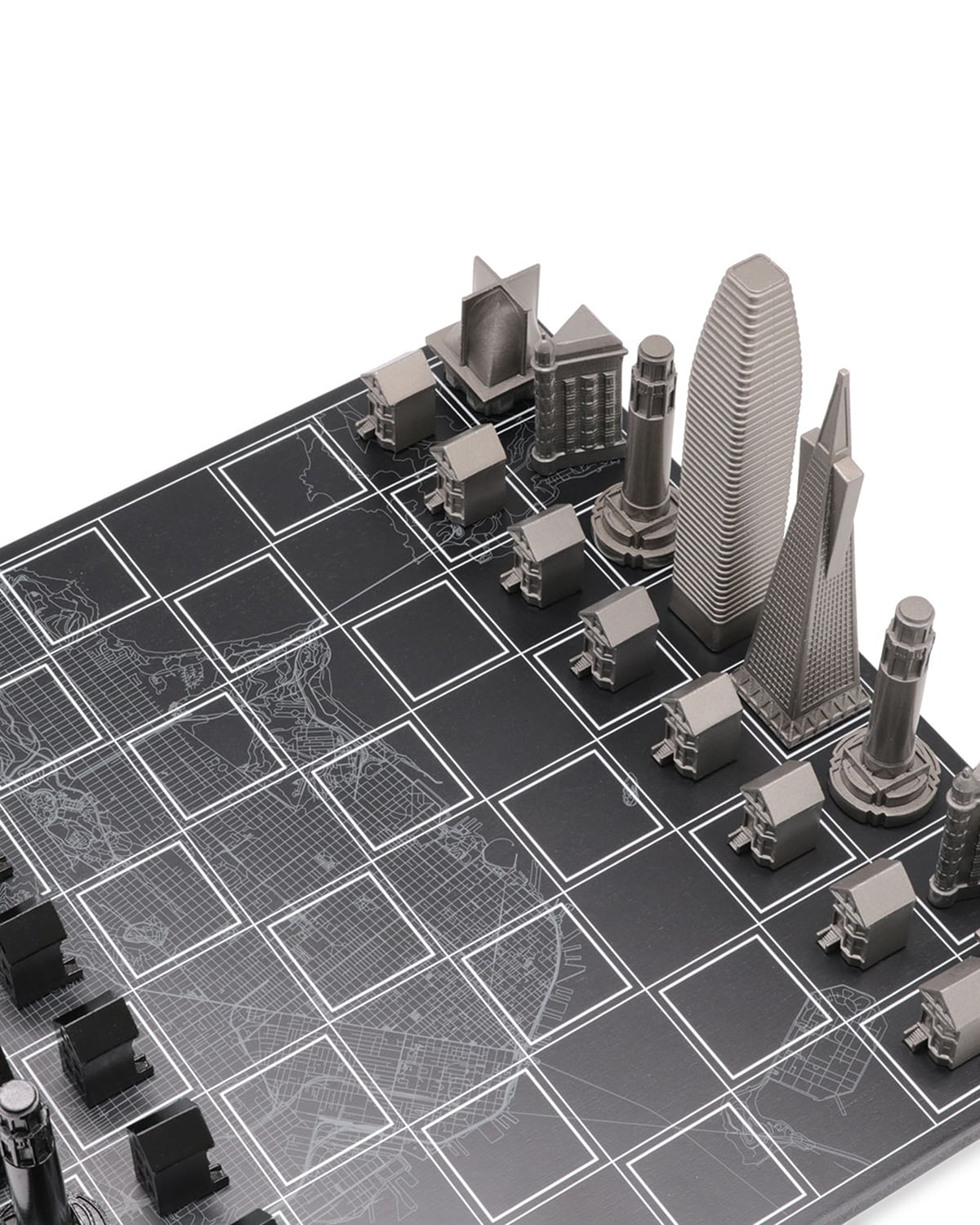 Chess Set Stainless Steel SAN FRANCISCO with Wood Map Board