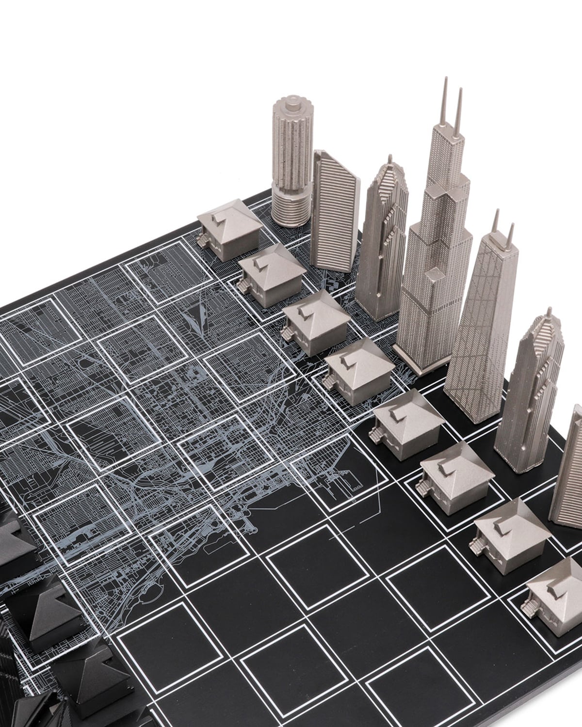 Chess Set Stainless Steel CHICAGO with Wood Map Board