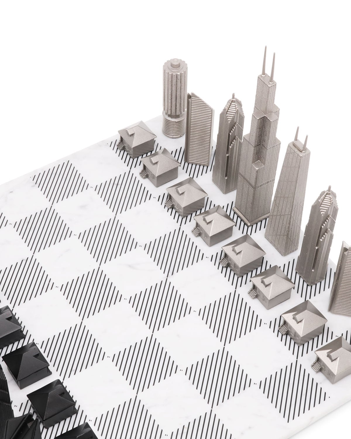 Chess Set Stainless Steel CHICAGO with Marble Hatch Board