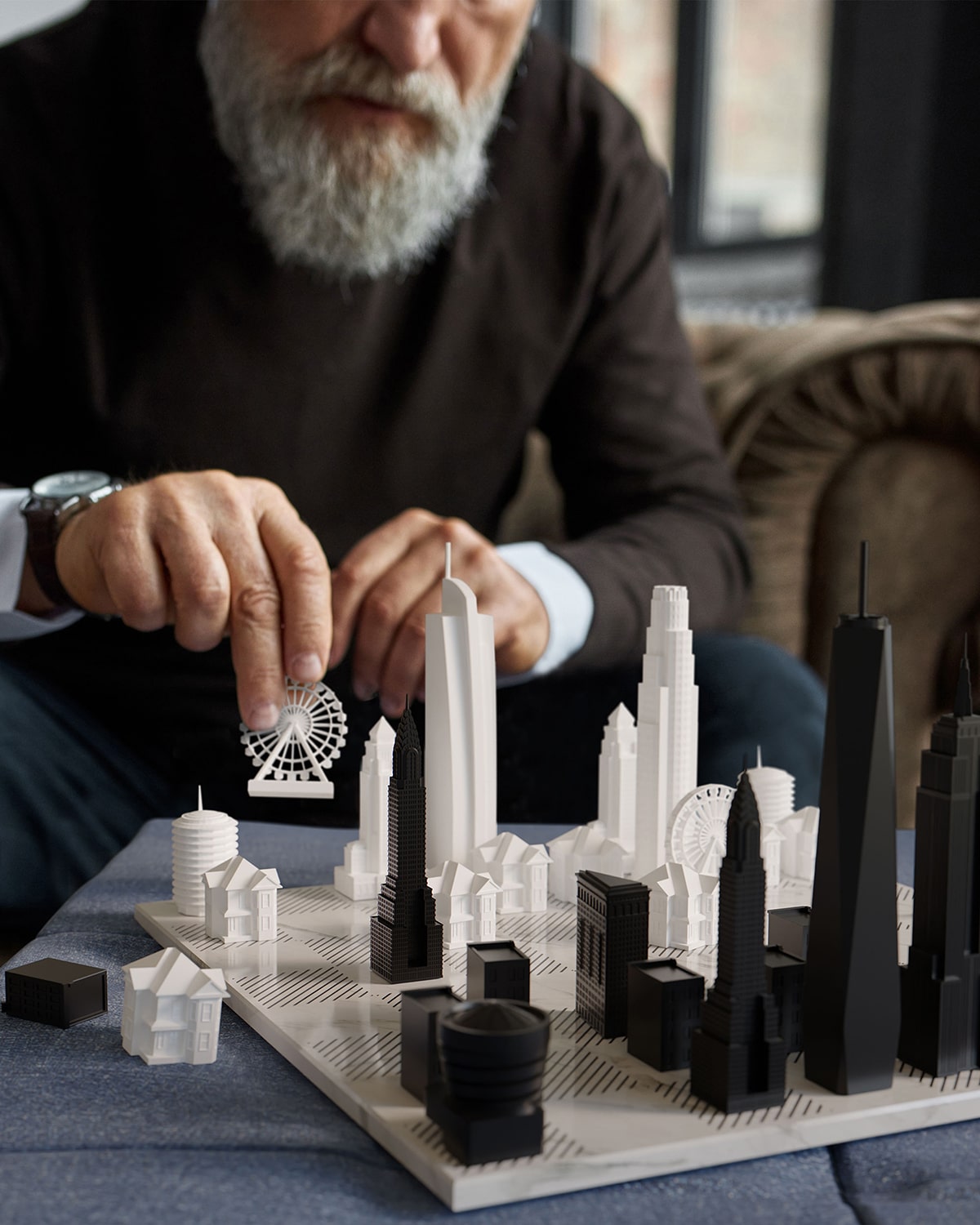 Chess Set Acrylic NEW YORK vs LOS ANGELES with Marble Hatch Board