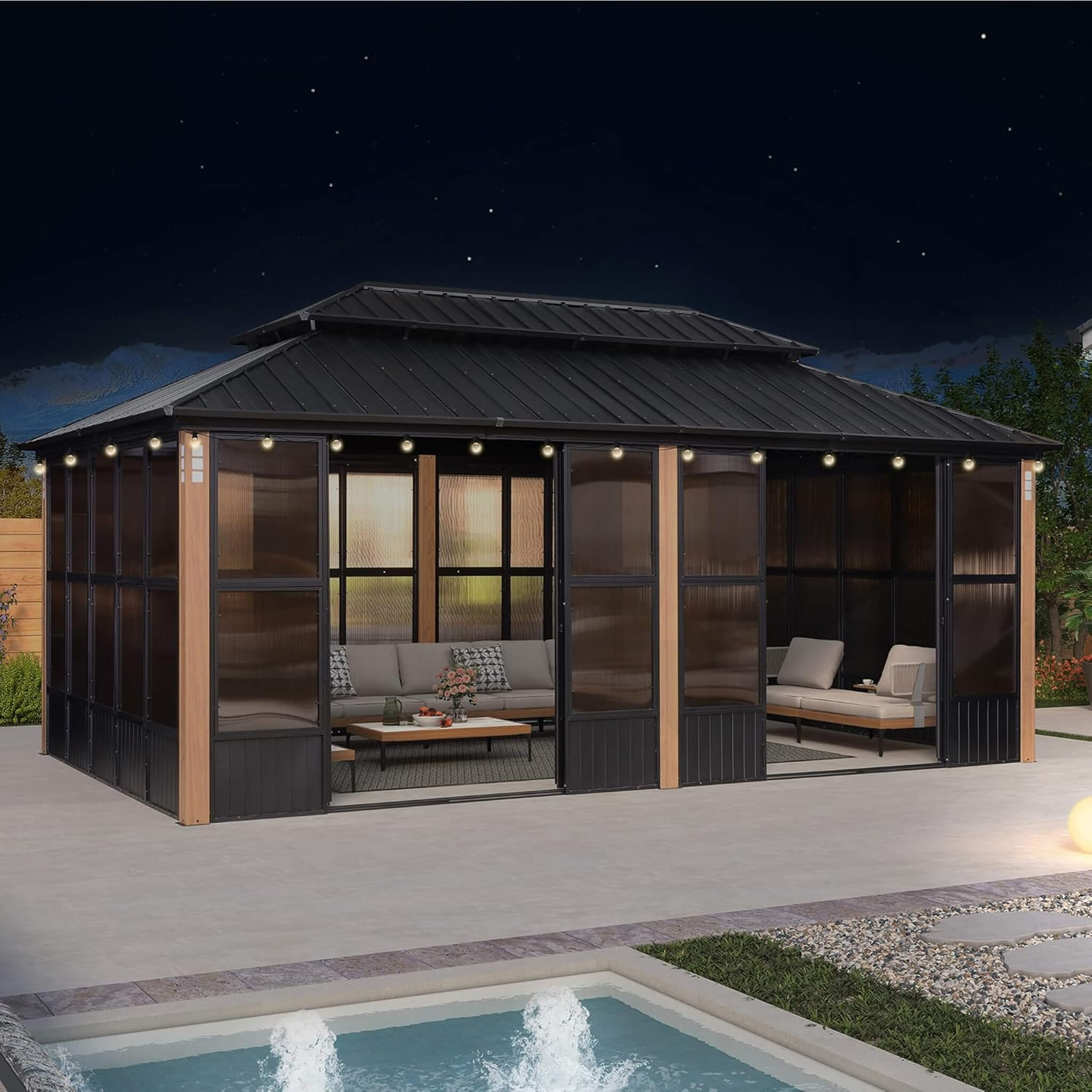 Oasis Luxury Heavy-Duty Hardtop Sunroom With Aluminum Frame And LED Lights (SAK79102)