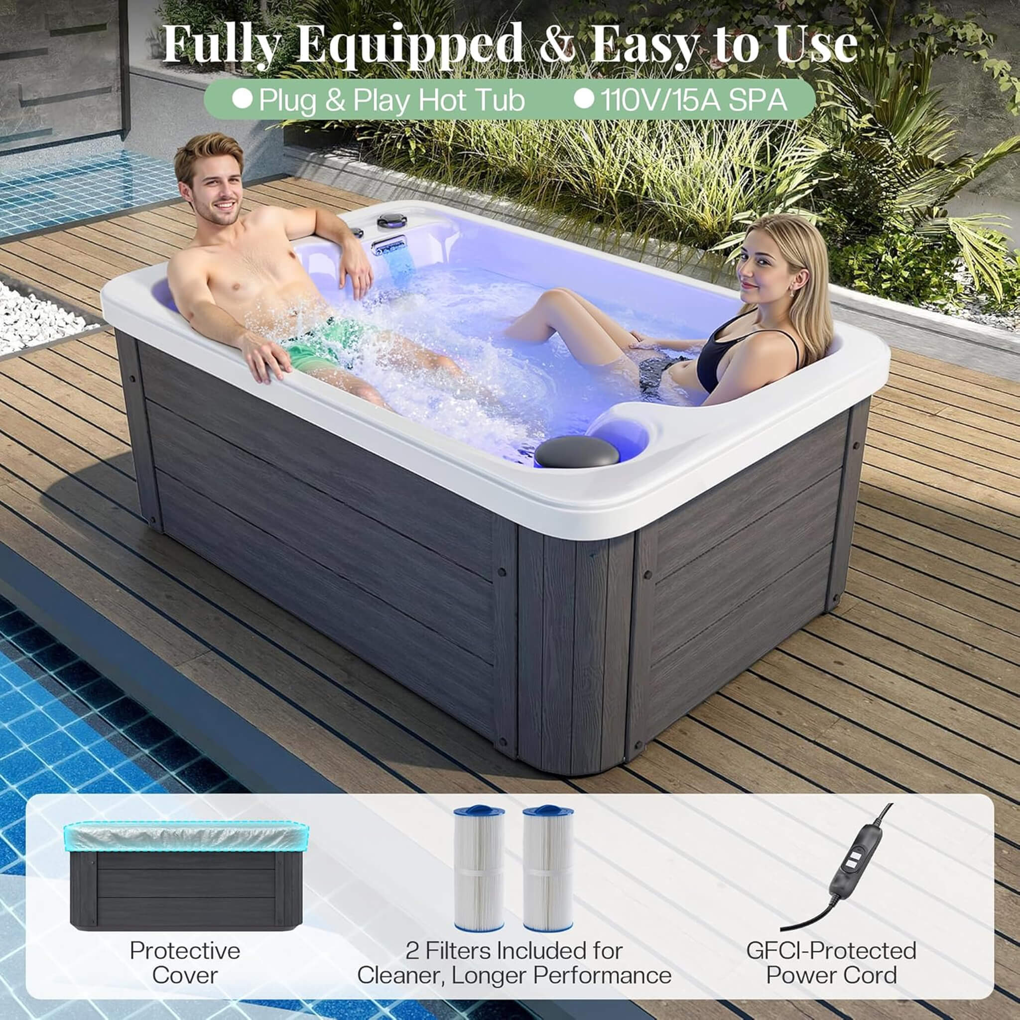 Nuvia Premium 2-Person Outdoor Hot Tub W/ 15 Stainless Steel Jets (SAK92015)